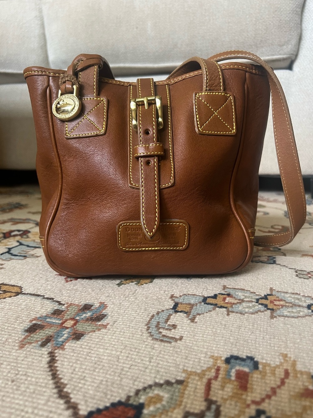 Vintage Dooney & Bourke Brown Leather Buckle Bucket Tote Bag